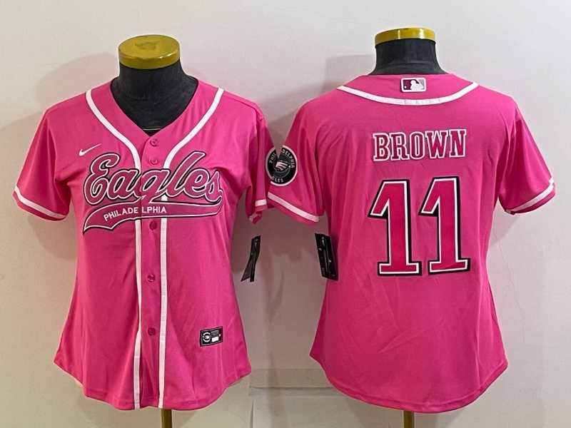Womens Philadelphia Eagles #11 AJ Brown Pink With Patch Cool Base Stitched Baseball Jersey